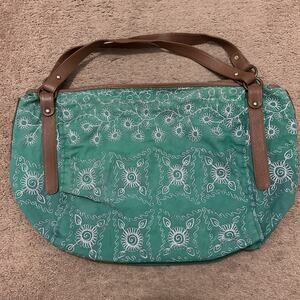Anthropologie Jasper & Jeera Embroidered Green Canvas Duffle Weekender Bag Boho
